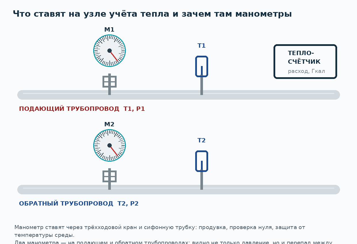 Схема узла учёта тепла: манометры и термометры на подающем и обратном трубопроводах